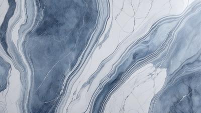 The primary subject of the image is a marble tile with a blue and white color scheme. The setting is a bathroom, as indicated by the presence of a sink. The visual style is a close-up of the tile, showcasing its intricate design and texture. The colors and mood of the image are predominantly blue and white, creating a clean and elegant atmosphere.