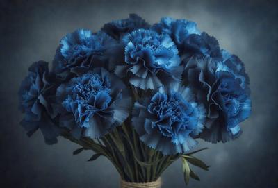 The primary subject of the image is a bouquet of blue flowers, which are the main focus of the scene. The flowers are arranged in a vase, creating a visually appealing display. The setting is a dark background, which contrasts with the bright blue flowers, adding depth and emphasizing the vibrant colors. The visual style of the image is a close-up of the flowers, showcasing their details and beauty. The overall atmosphere of the image is serene and calming, with the blue flowers serving as a