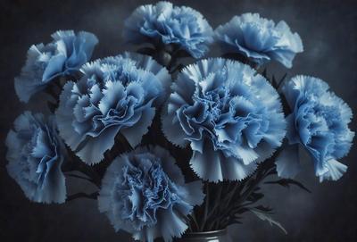 The primary subject of the image is a bouquet of blue flowers, which are the main focus of the scene. The flowers are arranged in a vase, creating a visually appealing display. The setting is a dark room, which adds a dramatic and moody atmosphere to the scene. The visual style of the image is a close-up of the flowers, emphasizing their beauty and details. The dominant colors in the image are blue, which is the color of the flowers, and black, which is the color of the dark room