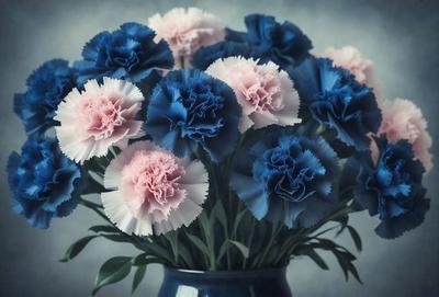 The primary subject of the image is a vase filled with blue and pink flowers. The vase is placed on a table, and the flowers are arranged in a visually appealing manner. The setting appears to be indoors, with a focus on the vase and the flowers. The visual style of the image is a close-up of the vase and flowers, showcasing their details and colors. The dominant colors in the image are blue and pink, creating a warm and inviting atmosphere.