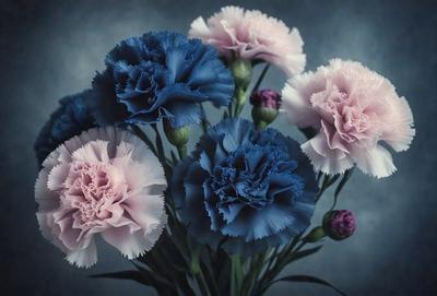The primary subject of the image is a bouquet of flowers, predominantly blue and pink, arranged in a vase. The setting is a blue background, which adds a sense of depth and contrast to the scene. The visual style is a close-up of the flowers, showcasing their details and colors. The overall atmosphere is serene and calming, with the flowers serving as a focal point and a symbol of beauty and tranquility.