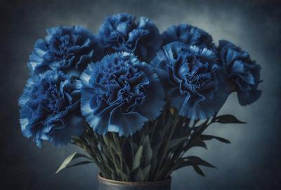 The primary subject of the image is a vase filled with blue flowers. The setting is a dark room, and the visual style appears to be a photo. The dominant colors in the image are blue and purple, creating a calm and serene atmosphere.