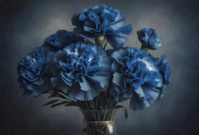The primary subject of the image is a vase filled with blue flowers. The setting is a dark background, which contrasts with the bright blue flowers. The visual style is a close-up of the vase and flowers, showcasing their details. The colors and mood of the image are predominantly blue, creating a calm and serene atmosphere.