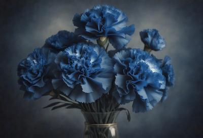The primary subject of the image is a vase filled with blue flowers. The setting is a dark background, which contrasts with the bright blue flowers. The visual style is a close-up of the vase and flowers, showcasing the details of the arrangement. The colors and mood of the image are predominantly blue, creating a calm and serene atmosphere.