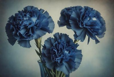 The primary subject of the image is a vase filled with three blue flowers. The setting is a table, and the visual style appears to be a photo. The dominant colors in the image are blue and white, creating a calm and serene atmosphere.