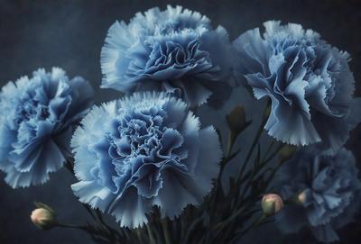 The primary subject of the image is a bouquet of blue flowers, which are the main focus of the scene. The flowers are arranged in a vase, creating a visually appealing display. The setting is a dark background, which contrasts with the bright blue flowers, adding depth and drama to the image. The visual style is a close-up of the flowers, emphasizing their beauty and details. The colors and mood of the image are predominantly blue, creating a serene and calming atmosphere.