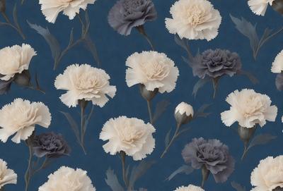 The primary subject of the image is a pattern of white and black flowers. The setting is a blue background, which creates a contrasting and visually appealing effect. The visual style is a combination of digital art and illustration, as the flowers are depicted in a detailed and realistic manner. The dominant colors are white and black, giving the image a clean and elegant appearance.