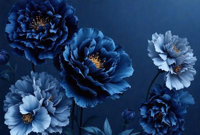 The primary subject of the image is a group of blue flowers, which are the main objects in the scene. The flowers are arranged in a vase, and they are displayed against a blue background. The visual style of the image is a combination of photo and digital art, creating a realistic yet artistic representation of the flowers. The dominant colors in the image are blue and purple, giving the scene a calm and serene atmosphere.