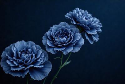 The primary subject of the image is a bouquet of three blue flowers. The flowers are arranged in a vase, which is placed on a table. The setting is a dark room, creating a moody atmosphere. The visual style of the image is a photo, capturing the beauty of the flowers in their natural environment. The dominant colors in the image are blue, creating a calming and serene mood.