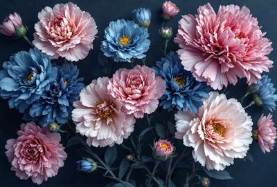 The primary subject of the image is a bouquet of flowers, which are the main objects in the scene. The flowers are displayed in a vase, and they are arranged in a visually appealing manner. The setting is a dark background, which contrasts with the bright colors of the flowers. The visual style of the image is a combination of photo and digital art, creating a realistic yet artistic representation of the flowers. The dominant colors in the image are pink, blue, and white, giving the scene a warm and inv