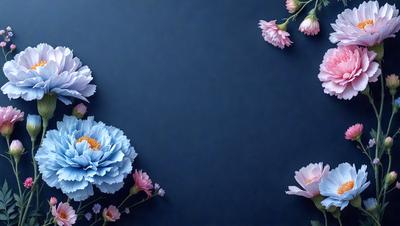 The primary subject of the image is a bouquet of flowers, with a focus on the blue flowers. The setting is a blue background, which creates a contrasting and visually appealing scene. The visual style is a close-up of the flowers, showcasing their details and beauty. The colors and mood of the image are predominantly blue, creating a calm and serene atmosphere.