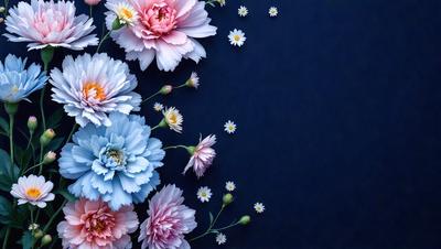 The primary subject of the image is a bouquet of colorful flowers, including pink, blue, and white flowers. The flowers are arranged in a visually appealing manner, creating a sense of beauty and harmony. The setting is a blue background, which adds a sense of depth and contrast to the image. The visual style is a close-up of the flowers, allowing the viewer to appreciate the details and colors of the bouquet. The colors and mood of the image are predominantly warm and inviting, with