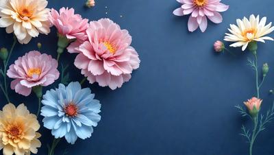 The primary subject of the image is a bouquet of pink and blue flowers. The flowers are arranged in a vase, and they are placed on a blue background. The visual style of the image is a photo, and the dominant colors are pink and blue. The overall atmosphere of the image is calm and serene.