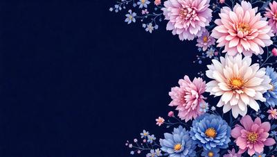 The primary subject of the image is a beautifully drawn floral arrangement, featuring a variety of flowers in different colors. The setting is a dark blue background, which contrasts with the vibrant colors of the flowers. The visual style is a combination of digital art and illustration, creating a stunning and detailed image. The colors and mood of the image are lively and cheerful, with the flowers adding a sense of warmth and natural beauty to the scene.