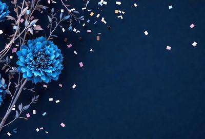 The primary subject of the image is a blue flower, which is the main focus of the scene. The setting is a dark blue background, which creates a contrasting and dramatic effect. The visual style of the image is a combination of photo and digital art, giving it a unique and artistic appearance. The dominant colors in the image are blue and pink, which contribute to a calm and serene atmosphere.