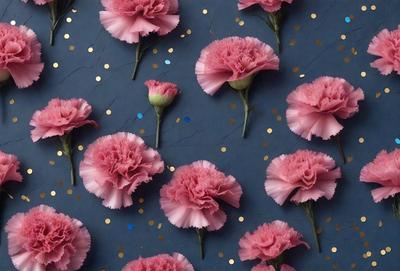 The primary subject of the image is a group of pink flowers, which are the main objects in the scene. The flowers are arranged in a visually appealing manner, creating a sense of harmony and beauty. The setting is a blue background, which provides a contrasting and complementary color to the pink flowers. The visual style of the image is a combination of photo and digital art, as it captures the natural beauty of the flowers while also showcasing the artist's creativity and skill in arranging the flowers.