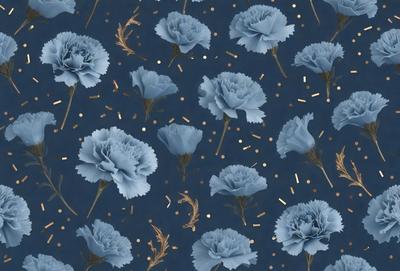 The primary subject of the image is a pattern of blue flowers with gold accents. The setting is a blue background, and the visual style appears to be a combination of photo and digital art. The dominant colors are blue and gold, creating a calm and serene atmosphere.
