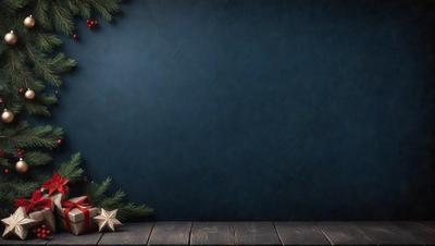 The primary subject of the image is a Christmas tree, which is placed in front of a blue wall. The setting is indoors, and the visual style appears to be a combination of photo and digital art. The colors and mood of the image are predominantly blue and festive, creating a cozy and holiday atmosphere.
