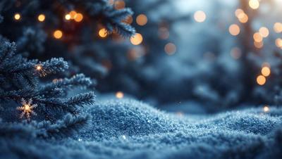 The primary subject of the image is a snow-covered pine tree. The setting is a snowy forest, with the tree surrounded by a blue, snowy landscape. The visual style is a digital art or illustration, creating a serene and wintry atmosphere. The dominant colors are blue and white, with the snowy landscape adding a touch of coldness to the scene.