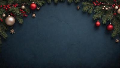 The primary subject of the image is a blue wall with a pattern of Christmas ornaments. The setting is a room with a blue background, and the visual style is a digital art or illustration. The dominant colors are blue and red, and the overall atmosphere is festive and cheerful.