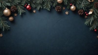 The primary subject of the image is a blue wall with a pattern of Christmas ornaments and pine trees. The setting is a room with a blue background, and the visual style is a combination of digital art and illustration. The dominant colors are blue and gold, creating a festive and warm atmosphere.