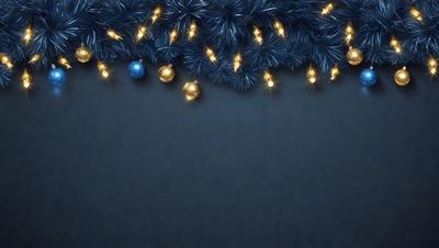 The primary subject of the image is a blue background with a string of lights and gold ornaments. The lights are scattered across the background, creating a festive and colorful atmosphere. The gold ornaments are placed on the string of lights, adding a touch of elegance and sophistication to the scene. The overall visual style of the image is a combination of digital art and illustration, creating a unique and eye-catching display. The colors and mood of the image are predominantly blue and gold, evoking a