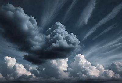 The primary subject of the image is a cloudy sky filled with various cloud formations. The setting is a dark, cloudy day, and the visual style appears to be a painting or drawing. The colors and mood of the image are dark and moody, with the clouds creating a dramatic atmosphere.