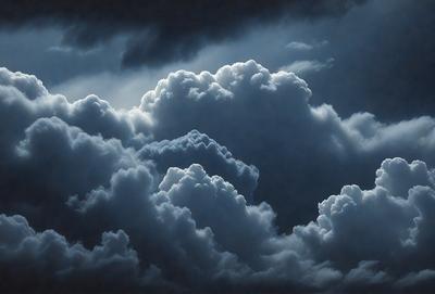 The primary subject of the image is a cloudy sky with dark clouds and a blue background. The setting is a dark, cloudy day, and the visual style is a photo. The dominant colors are dark blue and gray, creating a moody atmosphere.