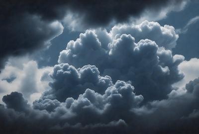 The primary subject of the image is a cloudy sky with dark clouds and a blue background. The setting is an outdoor environment, possibly during a storm. The visual style is a photo of the cloudy sky, capturing the beauty and intensity of the clouds. The colors and mood of the image are dark and moody, with the clouds creating a dramatic and ominous atmosphere.