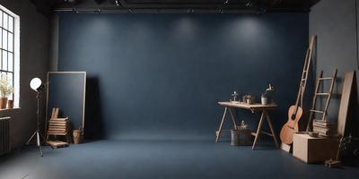 The primary subject of the image is a wooden table with various items on it. The table is placed in a room with a blue wall, creating a calm and serene atmosphere. The setting includes a chair and a vase, adding to the overall composition of the scene. The visual style of the image is a photo, capturing the details of the table and its surroundings. The colors and mood of the image are predominantly blue, giving it a soothing and peaceful ambiance.