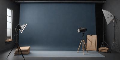 The primary subject of the image is a large, white lighting setup, which includes a large light and a tripod. The setting is a blue background, which creates a contrasting and visually appealing environment. The visual style of the image is a combination of photography and digital art, as it appears to be a staged photo with a blue background. The colors and mood of the image are predominantly blue, creating a calm and professional atmosphere.