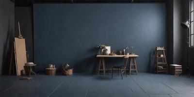 The primary subject of the image is a wooden desk with a chair placed in front of it. The desk is situated in a room with a blue wall, and there is a vase on the desk. The setting appears to be a home office or a workspace. The visual style of the image is a photo, and the colors and mood are predominantly blue, creating a calm and focused atmosphere.
