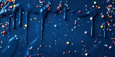 The primary subject of the image is a blue surface with a drizzle of chocolate sauce and sprinkles on it. The setting appears to be a space-themed background, with stars and planets visible in the background. The visual style of the image is a combination of photo and digital art, creating a unique and creative representation of the scene. The colors and mood of the image are predominantly dark and moody, with the chocolate sauce and sprinkles adding a touch of whims