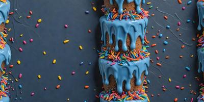 The primary subject of the image is a large, multi-layered cake with a blue frosting. The cake is decorated with colorful sprinkles, adding a vibrant and festive touch to its appearance. The setting is a table, and the visual style is a close-up of the cake, showcasing its intricate details. The colors and mood of the image are lively and cheerful, with the blue frosting and colorful sprinkles creating a sense of celebration