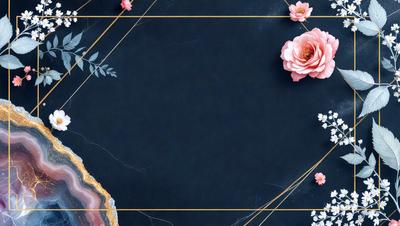 The primary subject of the image is a black background with a few pink flowers scattered across it. The setting appears to be a dark room, and the visual style is a combination of a photo and digital art. The dominant colors are black and pink, creating a moody and dramatic atmosphere.