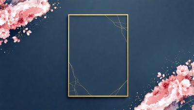 The primary subject of the image is a blue frame with a gold border. The setting is a blue wall, and the visual style is a combination of digital art and illustration. The dominant colors are blue and gold, creating a calm and serene atmosphere.