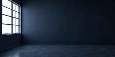 The primary subject of the image is a dark blue wall with a black background. The setting is a room with a wooden floor. The visual style is a photo, and the dominant colors are dark blue and black, creating a moody atmosphere.