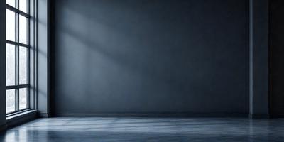 The primary subject of the image is a person standing in a dark room with a blue wall. The setting appears to be a room with a blue wall, and the visual style is a photo. The colors and mood of the image are predominantly dark and moody, with the blue wall adding a touch of coolness to the atmosphere.