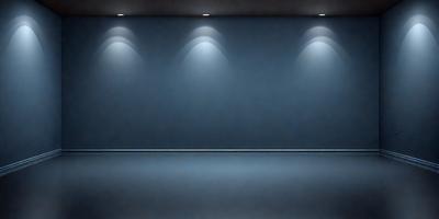 The primary subject of the image is a blue wall with a row of lights on it. The setting is a dark room, and the visual style is a black and white photo. The dominant colors are blue and black, creating a moody atmosphere.