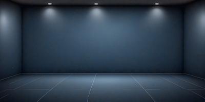 The primary subject of the image is a large, empty room with a blue wall. The setting is a dark room with a blue background, giving it a moody atmosphere. The visual style is a photo, capturing the empty room with a blue wall. The colors and mood of the image are predominantly blue, creating a calm and serene environment.