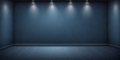 The primary subject of the image is a blue wall with a row of lights on it. The setting is a room with a blue wall and a blue floor. The visual style is a photo, and the dominant colors are blue and white. The overall atmosphere is calm and serene.