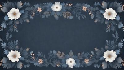 The primary subject of the image is a blue and white floral pattern. The setting is a dark blue background, which contrasts with the white flowers and blue leaves. The visual style appears to be a combination of digital art and illustration, creating a unique and eye-catching design. The colors and mood of the image are predominantly dark and moody, with the blue flowers and leaves adding a touch of elegance and sophistication.