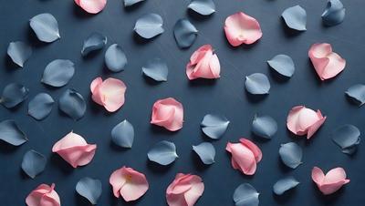 The primary subject of the image is a collection of pink and blue flowers. The flowers are arranged in various positions, creating a visually appealing and artistic display. The setting is a blue wall, which serves as a striking backdrop for the flowers. The visual style of the image is a combination of photo and digital art, resulting in a unique and eye-catching composition. The dominant colors of the image are pink and blue, which evoke a sense of calmness and beauty.