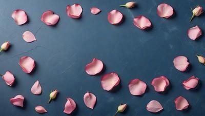 The primary subject of the image is a group of pink flowers, which are scattered across a blue surface. The setting appears to be a wall or a similar background, and the visual style is a close-up of the flowers. The dominant colors in the image are pink and blue, creating a calm and serene atmosphere.