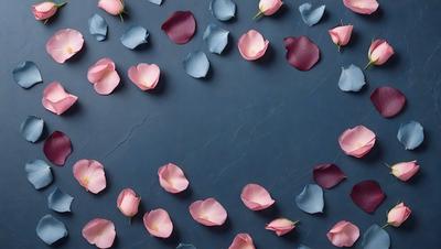The primary subject of the image is a collection of pink and purple flowers arranged on a blue wall. The flowers are scattered across the wall, creating a visually appealing display. The setting is a blue wall, which serves as the backdrop for the flowers. The visual style of the image is a close-up of the flowers, showcasing their details and colors. The dominant colors in the image are pink and purple, giving the scene a warm and inviting atmosphere.
