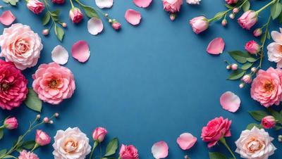 The primary subject of the image is a bouquet of pink flowers, which are arranged in a circular pattern on a blue surface. The setting appears to be a still life, with the flowers as the main focus. The visual style of the image is a close-up of the flowers, showcasing their details and beauty. The dominant colors in the image are pink and blue, creating a serene and calming atmosphere.