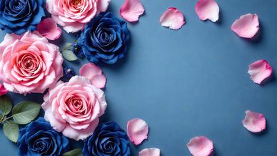 The primary subject of the image is a bouquet of pink and blue roses. The setting is a blue background, which creates a contrasting and visually appealing effect. The visual style is a close-up of the flowers, showcasing their details and beauty. The colors and mood of the image are predominantly pink and blue, giving it a serene and calming atmosphere.