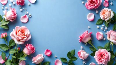 The primary subject of the image is a bouquet of pink and white flowers. The flowers are arranged in a circular pattern on a blue background. The setting appears to be a still life, with the flowers being the main focus of the image. The visual style is a close-up of the flowers, showcasing their details and beauty. The colors and mood of the image are predominantly pink and white, creating a sense of elegance and serenity.