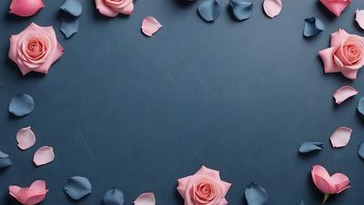 The primary subject of the image is a close-up of a pink rose with a blue background. The rose is surrounded by a few petals, creating a visually appealing scene. The setting is a blue wall, which adds a sense of depth and contrast to the image. The visual style is a combination of realism and artistic expression, as the rose is depicted in a detailed and vibrant manner. The colors and mood of the image are predominantly pink and blue, evoking a sense of warm