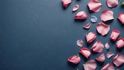 The primary subject of the image is a bouquet of pink flowers. The flowers are scattered across a blue surface, which could be a wall or a table. The visual style of the image is a close-up of the flowers, showcasing their delicate petals and vibrant colors. The overall atmosphere of the image is serene and elegant, with the pink flowers creating a sense of beauty and tranquility.